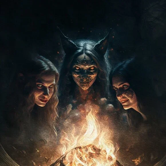 8x8 Witches Around Fire Dark Ritual Fantasy Art Watercolor Oil Painting Print - Picture 1 of 6